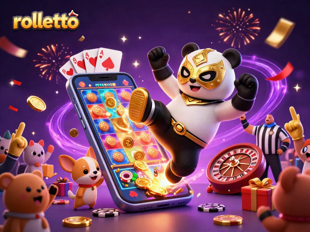 Experience the excitement of rolletto with a lively scene featuring a panda wrestler, chihuahua referee, and animated casino elements.
