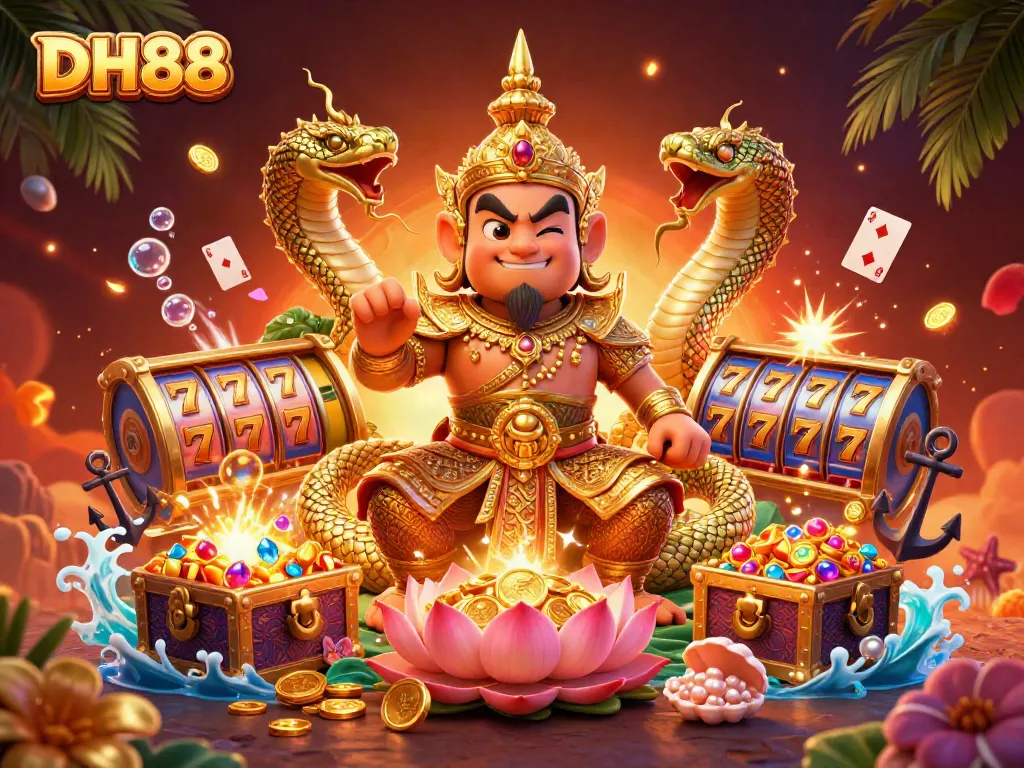 Experience exhilarating wins with DH88 while spinning vibrant slot reels surrounded by dynamic casino elements.