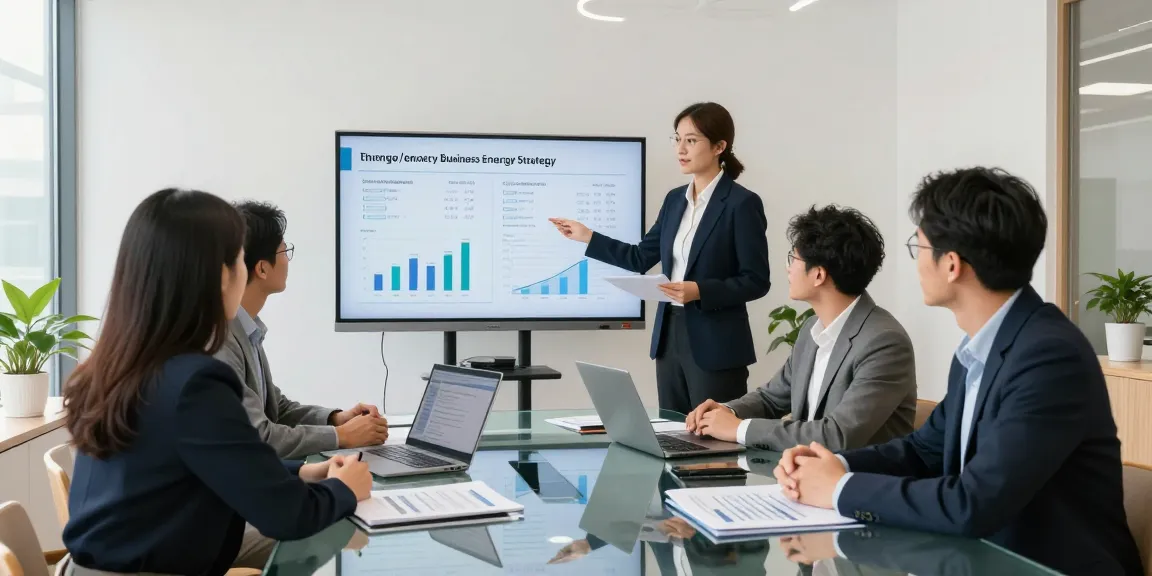 Meeting on change of tenancy business energy strategies with professionals in a modern office.