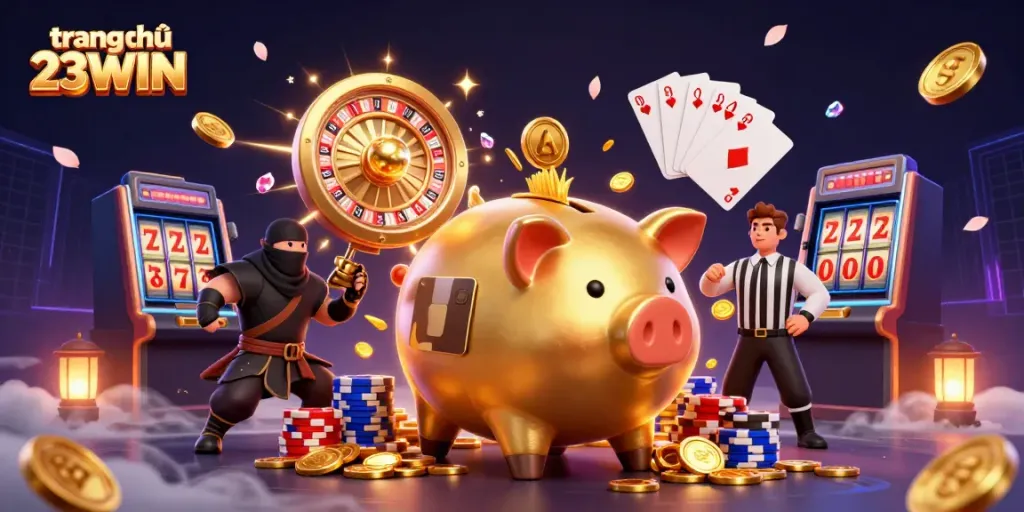 Experience the excitement of trang chủ 23WIN with a golden piggy bank sumo wrestler and vibrant casino elements.
