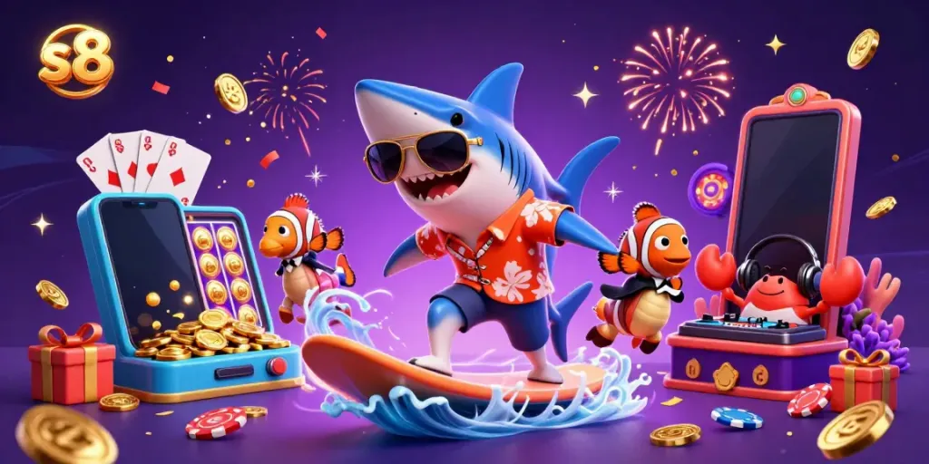 Experience thrilling gameplay with s8 as a hammer-head shark surfs gold coins amid vibrant casino elements.