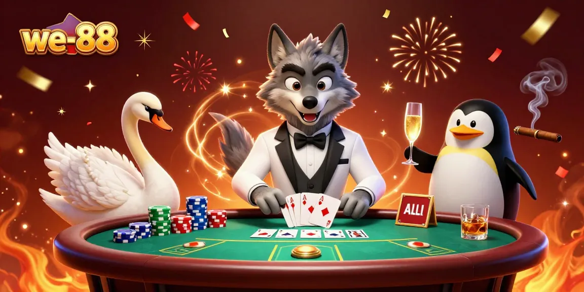 Experience lively gaming at we-88 featuring a debonair wolf, elegant swan, and sophisticated penguin in a vibrant casino scene.