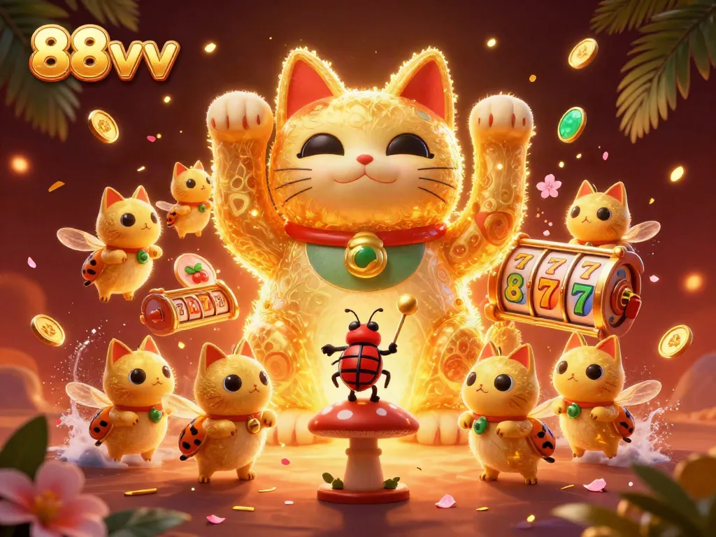 Catch exciting gameplay at 88vv with a vibrant scene of a lucky cat, casino symbols, and shimmering coins.