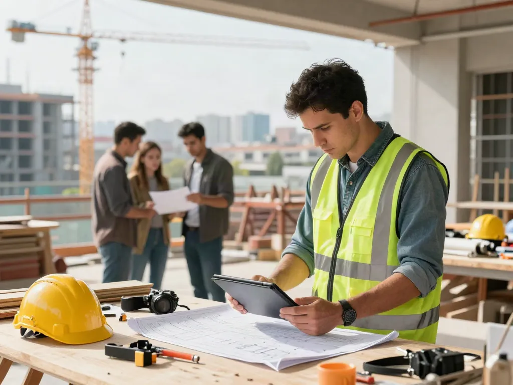 Skilled surveyor reviewing construction estimating services at a building site.