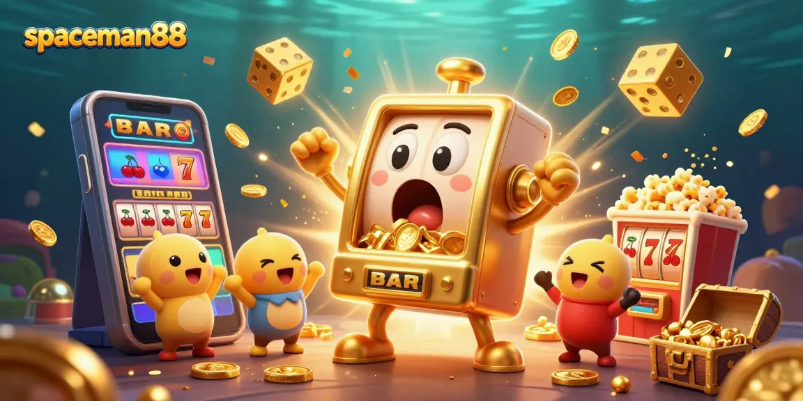 spaceman88 celebrates a winning jackpot with an exciting casino scene featuring cheering slot machines.