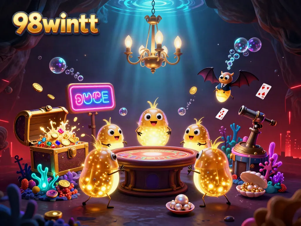 Engage in thrilling action at the 98wintt casino, featuring glowworms illuminating a vibrant underwater scene.