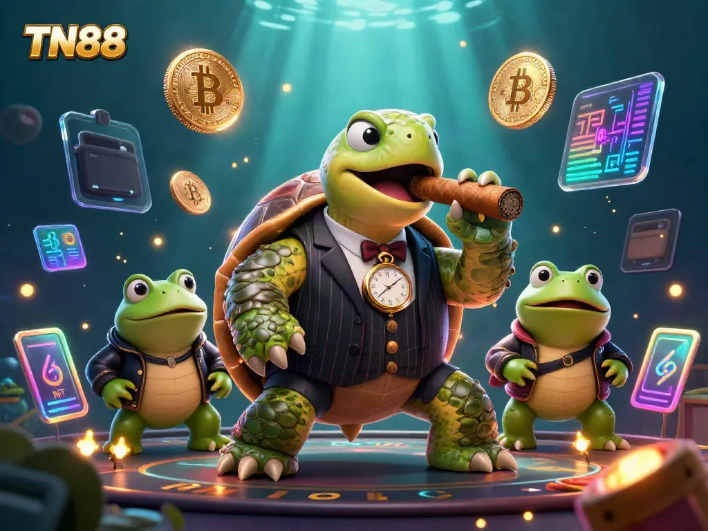 Experience the dynamic gaming world of TN88, featuring a unique scene with a mobster turtle and bullfrog enforcers.