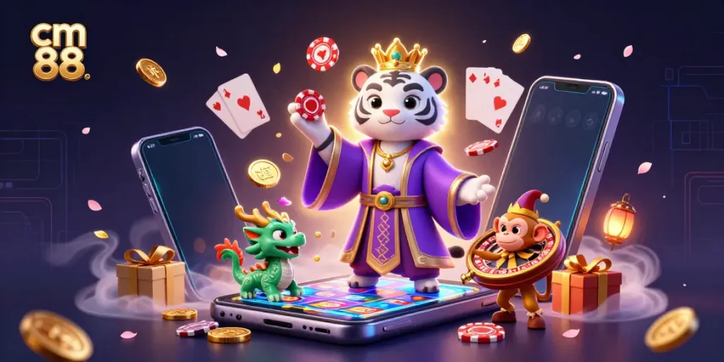 Experience the thrill of cm 88 with a lively casino scene, featuring a royal tiger, jester monkey, and dynamic games.