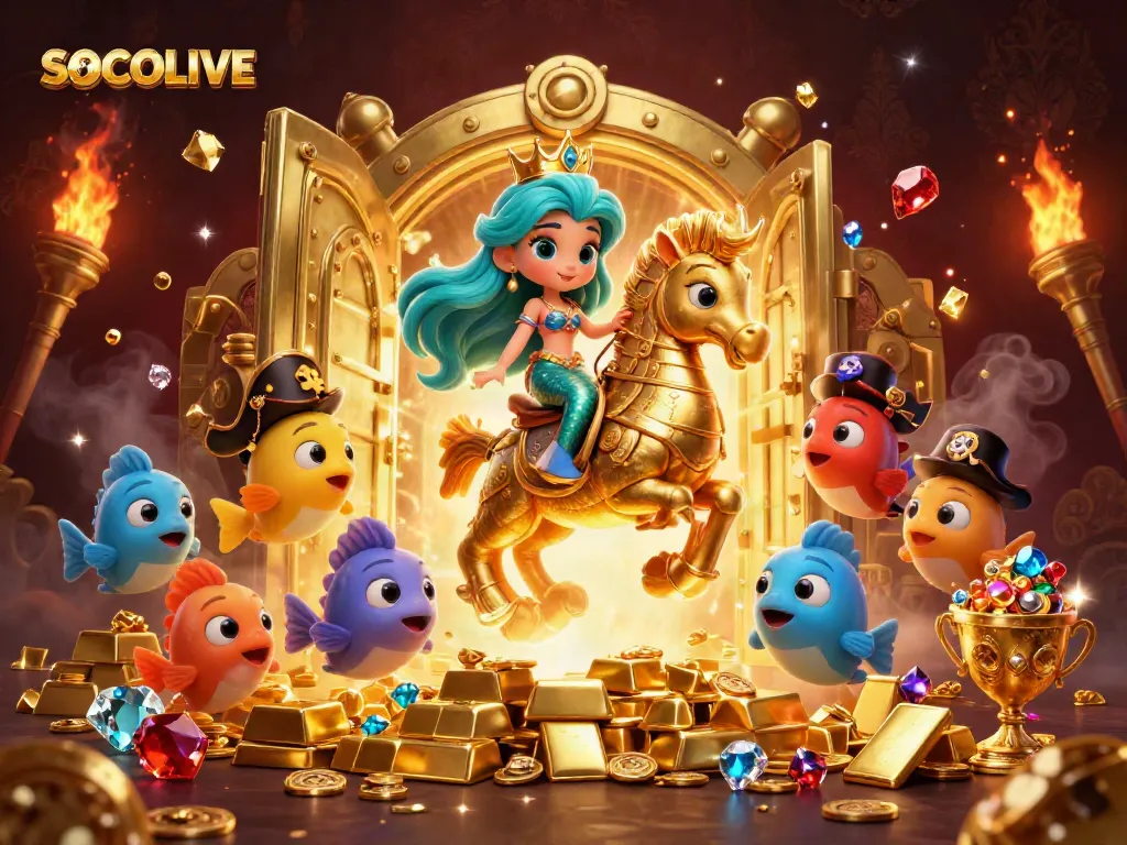 SOCOLIVE entertainment scene featuring a vibrant mermaid and seahorse amidst treasure, reflecting a passionate gaming experience.