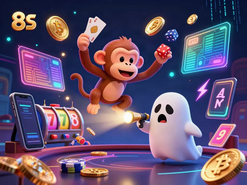 Experience the excitement of 8S in a haunted casino with a playful monkey and ghost-hunter puppy.