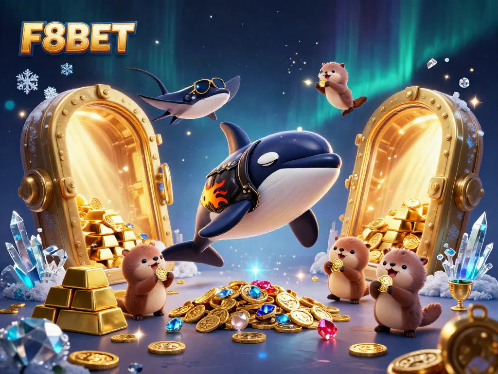 Experience the excitement at F8BET, featuring vibrant gaming characters amidst piles of treasure