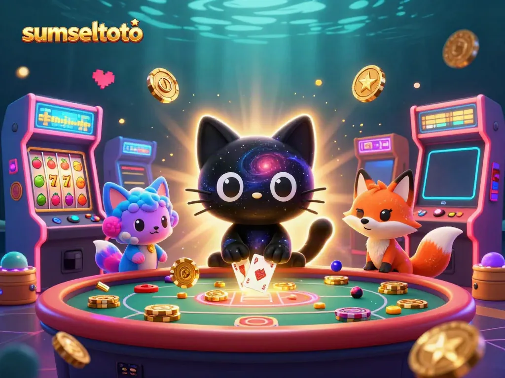 Sumseltoto cosmic casino scene featuring a black hole cat and a nebula fox amidst glowing arcade games.