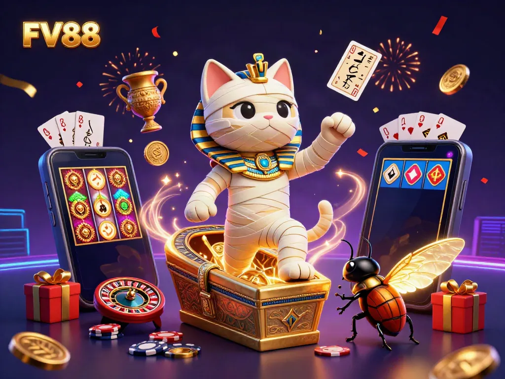 Experience FV88 with an animated Egyptian mummy cat and casino treasures in a vibrant scene.