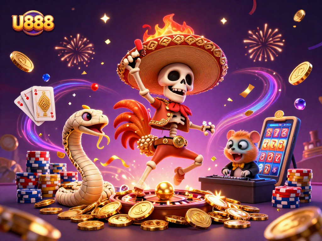 Experience thrilling games at U888 with lively 3D characters and vibrant casino elements.