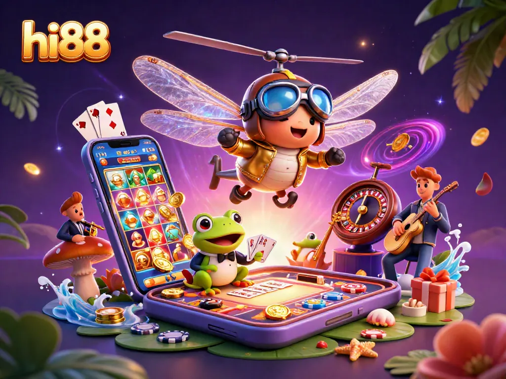 Experience excitement at hi88 as a frog croupier deals cards in a vibrant casino scene.