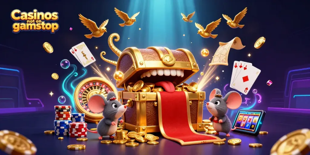 Engage with Casinos not on gamstop through a colorful treasure-filled scene showcasing excitement and winning potential.