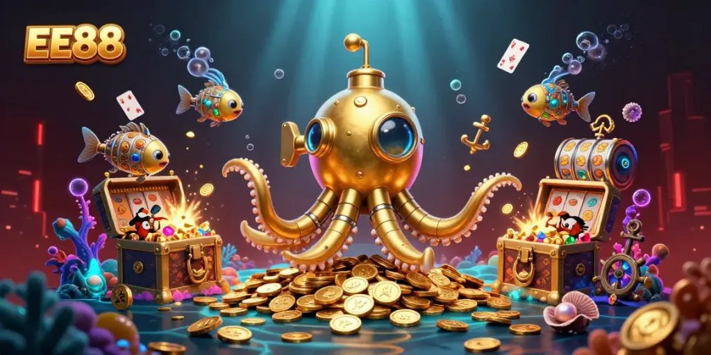 Experience the excitement of EE88 with a golden kraken submarine amidst vibrant slot symbols and treasure