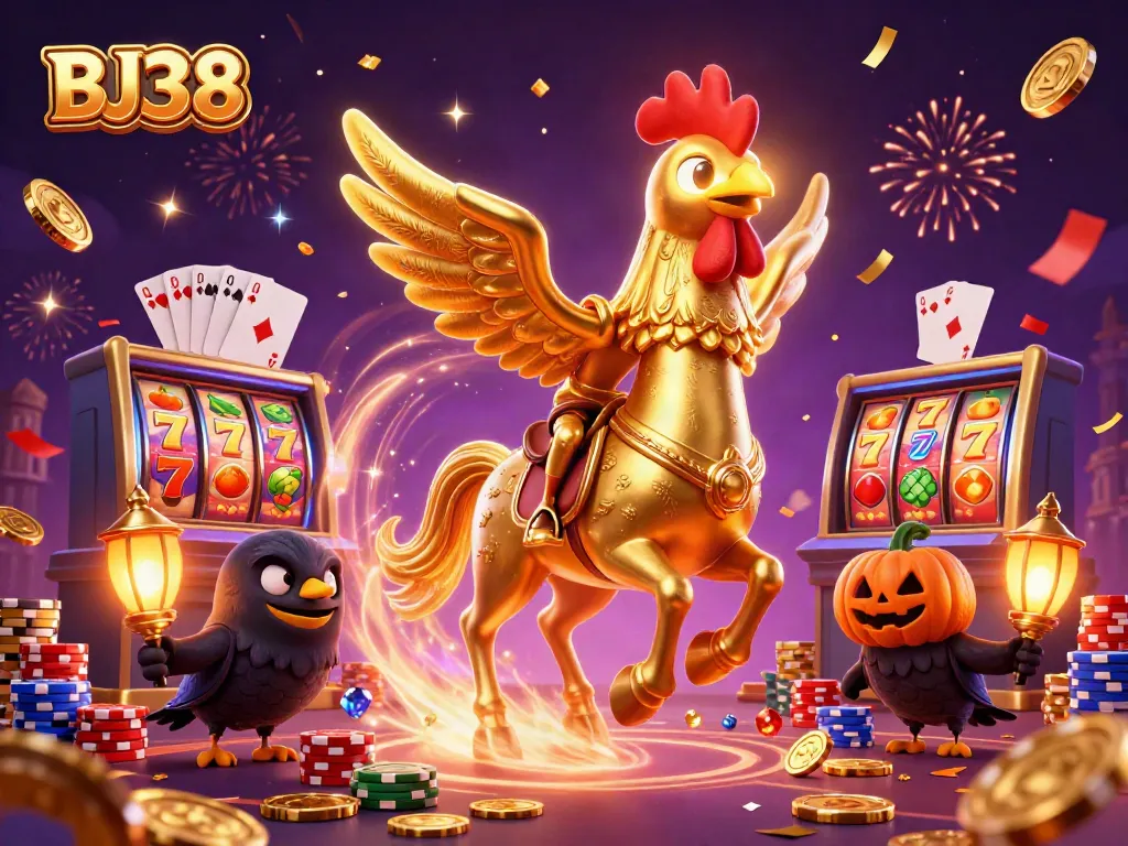 Engage with BJ38 at the vibrant casino, featuring a golden rooster and festive elements symbolizing luck.
