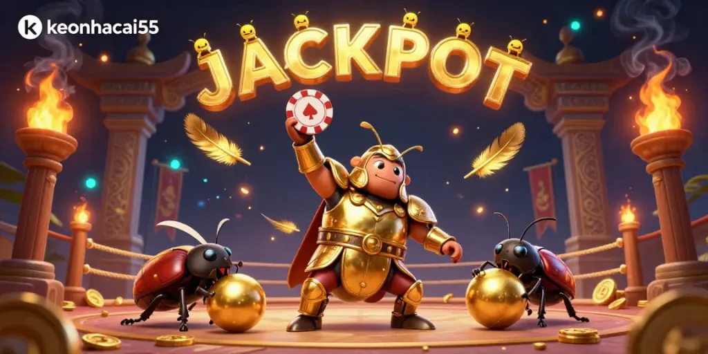 Experience keonhacai55 with a triumphant beetle champion lifting a poker chip, celebrating a big win in this vibrant casino-themed illustration.
