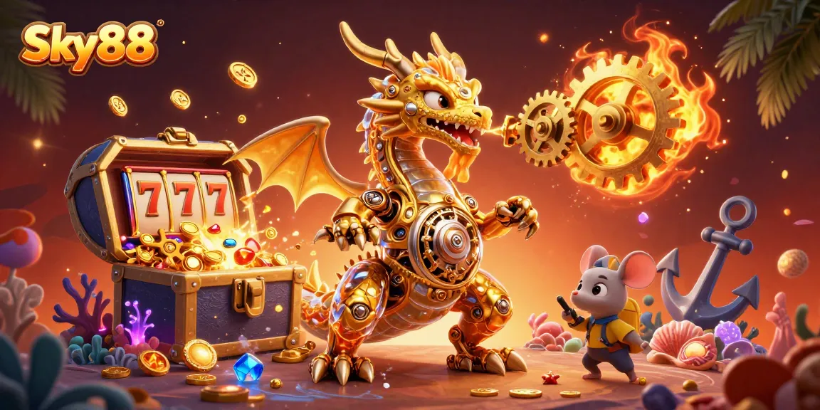Experience Sky88 with dynamic game elements like golden dragons and exploding treasure chests.