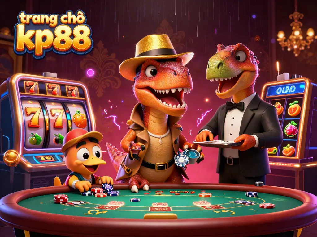 Experience excitement at trang chủ kp88 with a velociraptor card counter and casino elements in a vibrant scene.