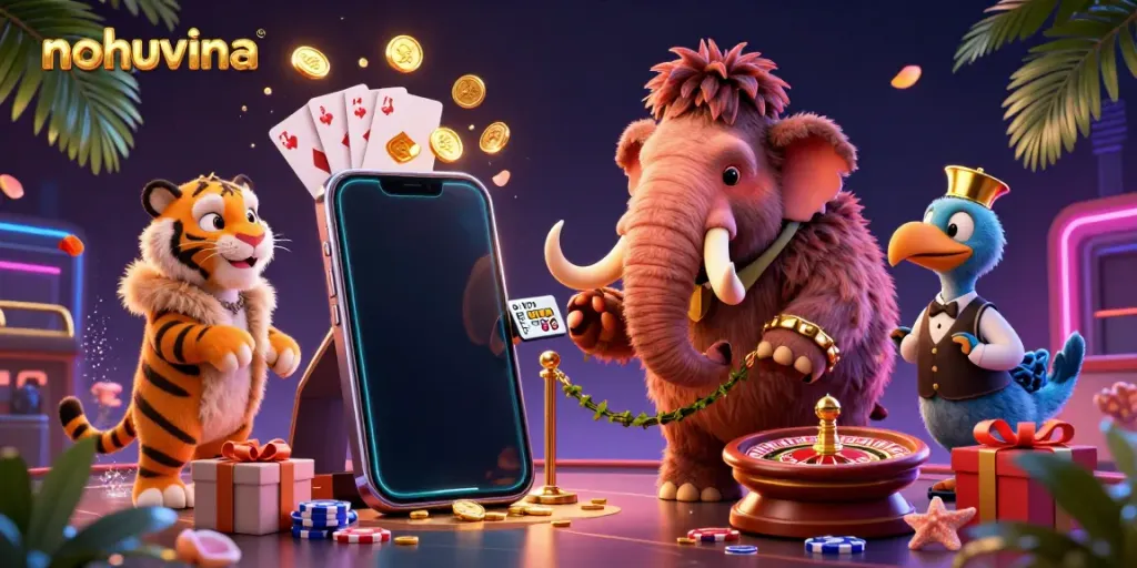 Nohuvina's vibrant casino scene with a woolly mammoth bouncer, saber-tooth tiger guest, and lively game elements.