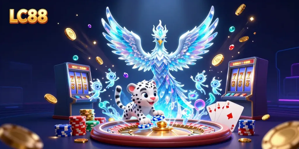 Experience excitement at LC88 with an illustration of an ice phoenix and a snow leopard in a vibrant casino scene.