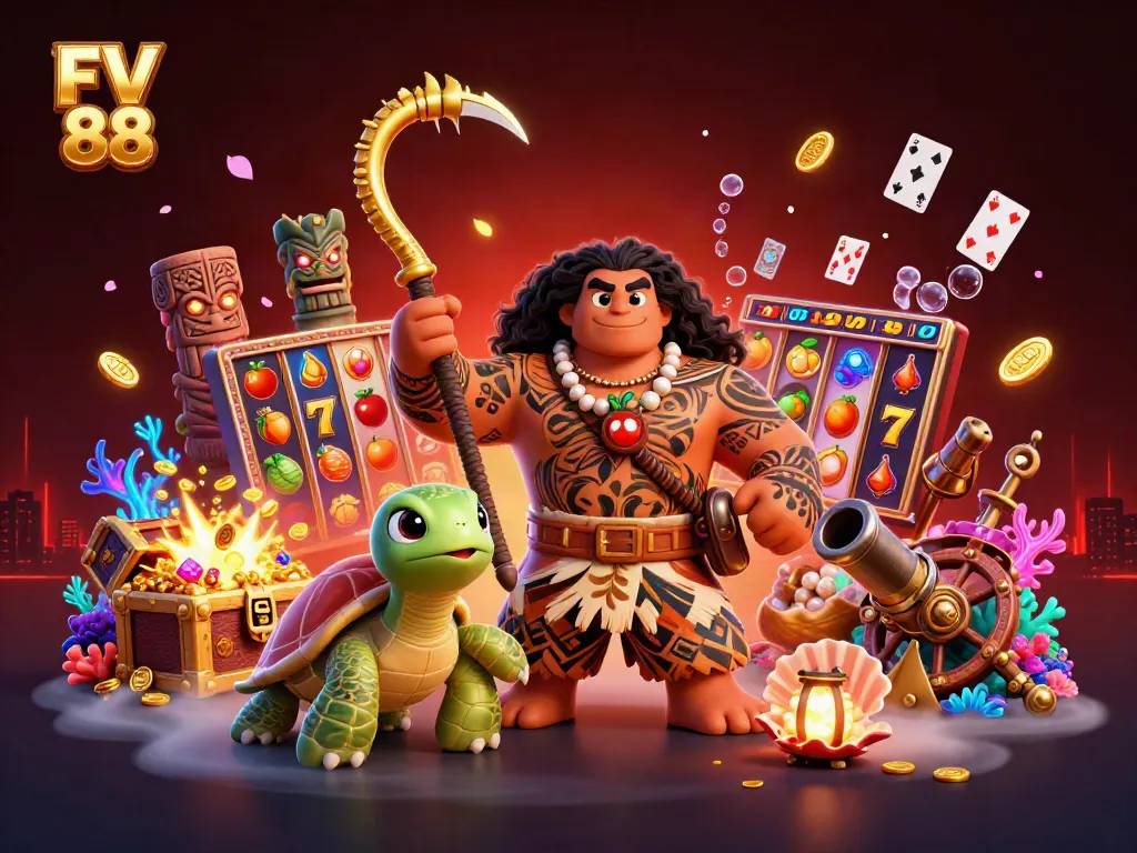 Experience FV 88 slots with an engaging 3D scene showing a hawk demigod amidst vibrant gaming elements.