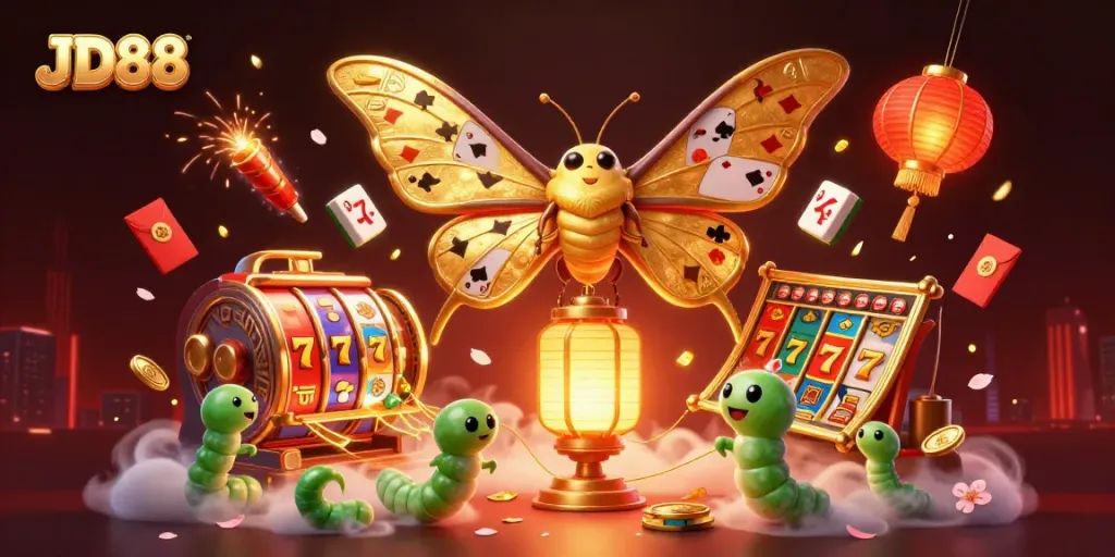 Experience the JD88 thrill with a vibrant casino scene featuring a golden moth and dynamic slot reels.