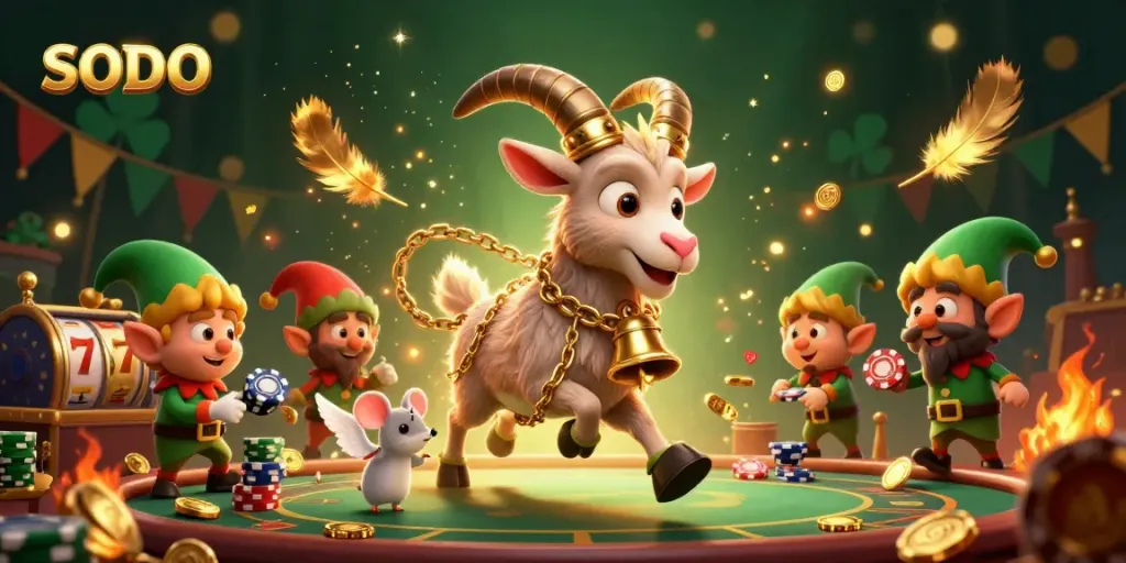 SODO casino featuring Krampus and playful characters in a festive scene with slot reels and gold coins
