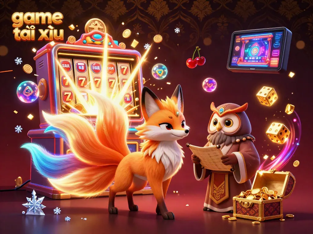 Engaging illustration of game tài xỉu featuring a vibrant fox spirit, wise owl, and slot machine with coins cascading.