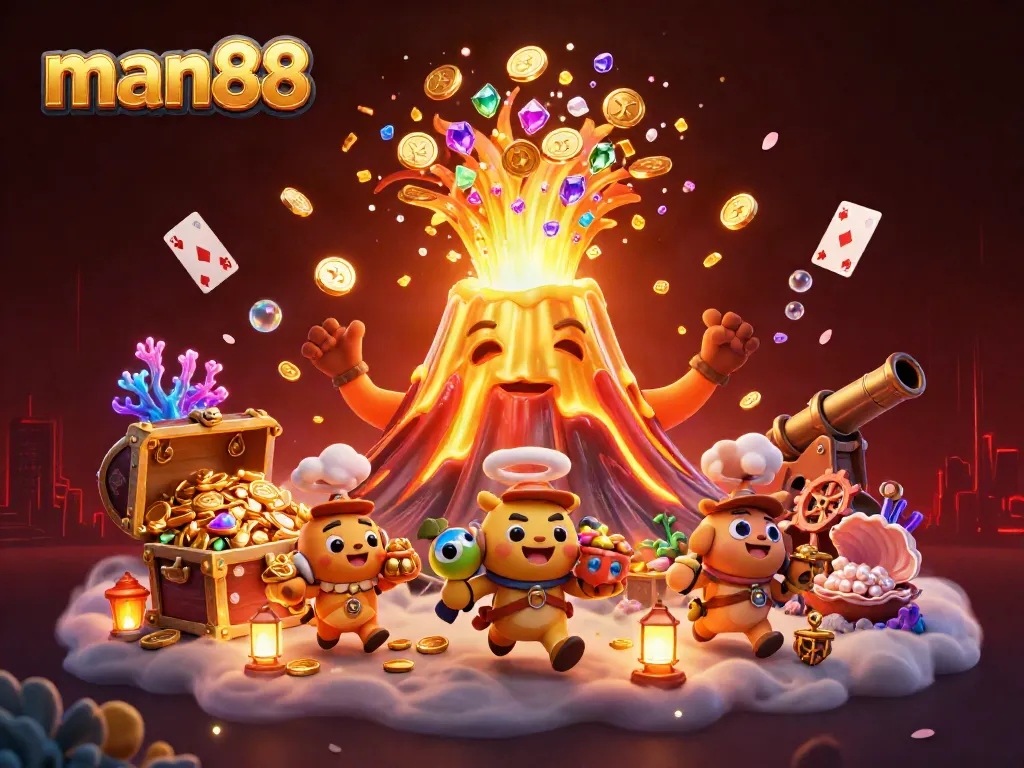 man88 presents thrilling gameplay with a golden volcano spewing treasure and tiny explorers collecting gems.