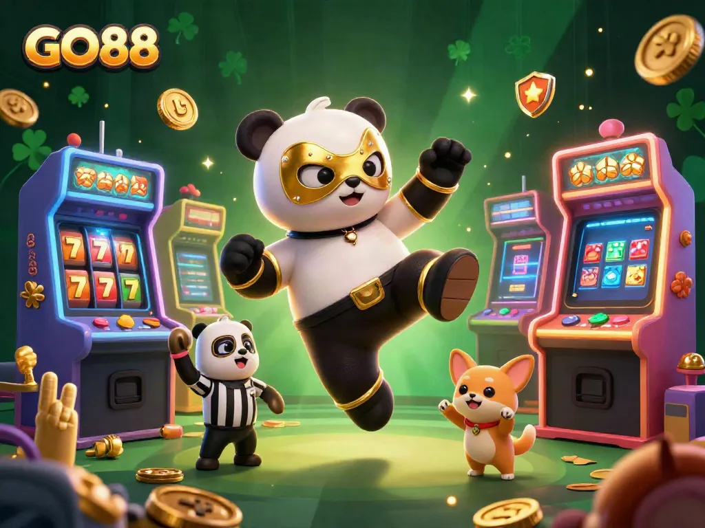 Join the excitement at GO88 with our panda wrestler and referee in a thrilling casino scene.