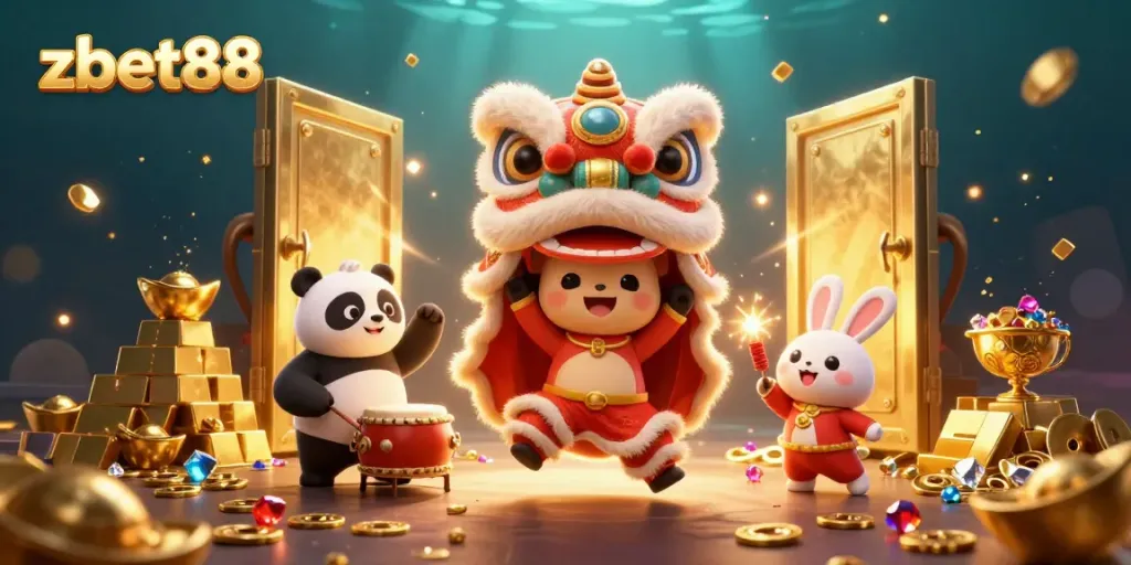 Experience the lively zbet88 casino scene with dancing characters amidst treasures and vibrant lights.