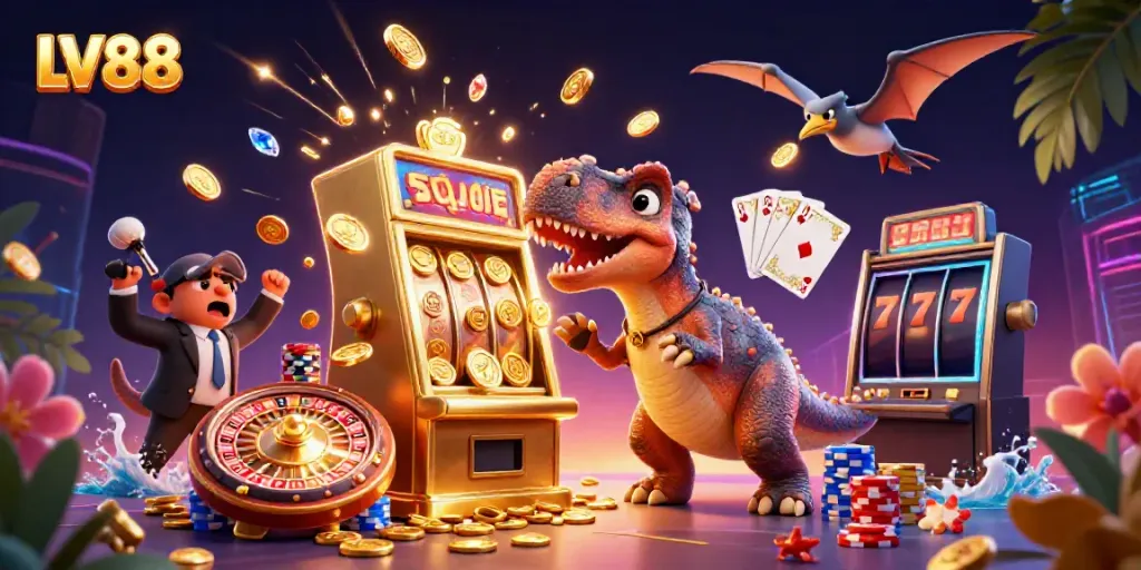 Experience LV88's vibrant casino world with a pachycephalosaurus winning jackpots amid flying gold coins.
