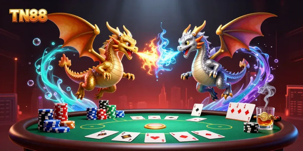 Experience immersive TN88 gaming action in a mythical scene with dragons and casino elements.