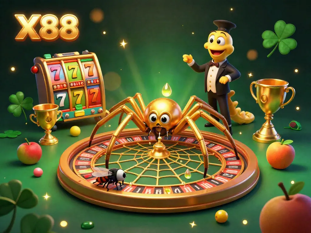 X88 illustrates a 3D golden spider in a casino web with a fly placing bets amid slot reels and trophies.