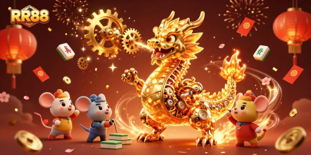 Experience thrilling gameplay with RR88 featuring a golden dragon and dynamic casino elements.