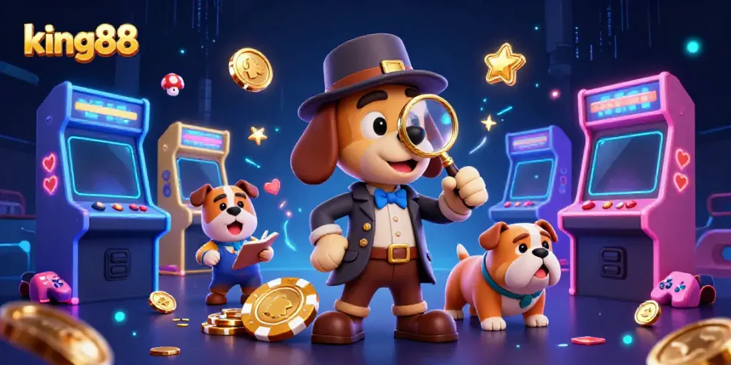 Join king88 at the casino, where a detective examines clues amid vibrant game machines.