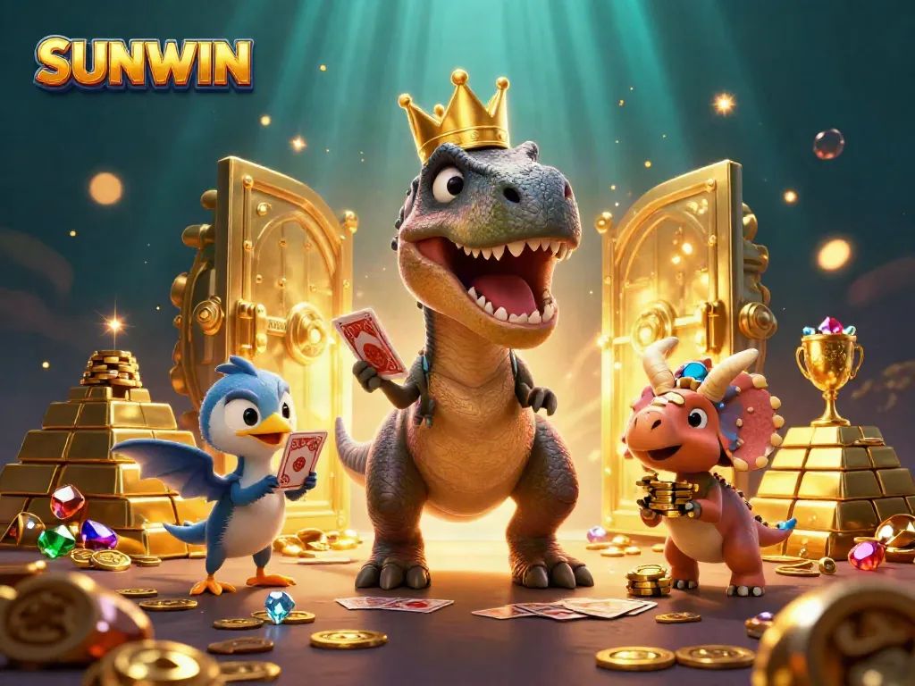 SUNWIN characters playfully dealing cards amidst gold treasures in a vibrant casino scene.