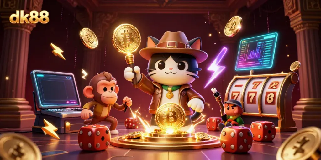 Explore DK88 with a cat archaeologist uncovering casino treasures amidst Bitcoin and Ethereum elements.