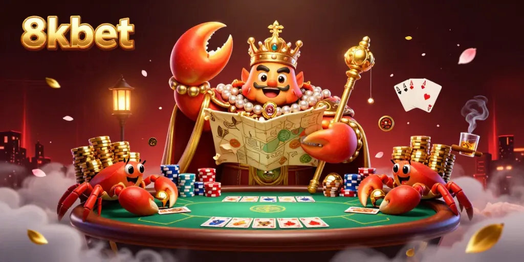 Experience 8xbet's thrilling betting adventure with a vibrant scene of a crab emperor and dynamic gaming elements.