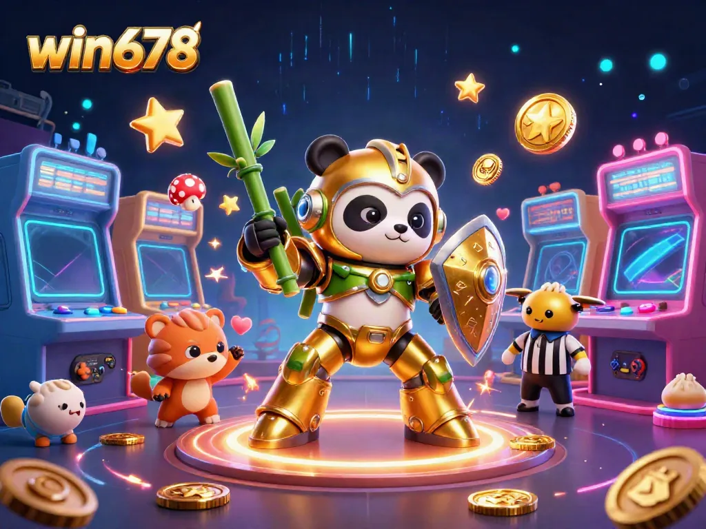 engage in thrilling games at win678 with a dazzling 3D panda robot and vibrant casino elements