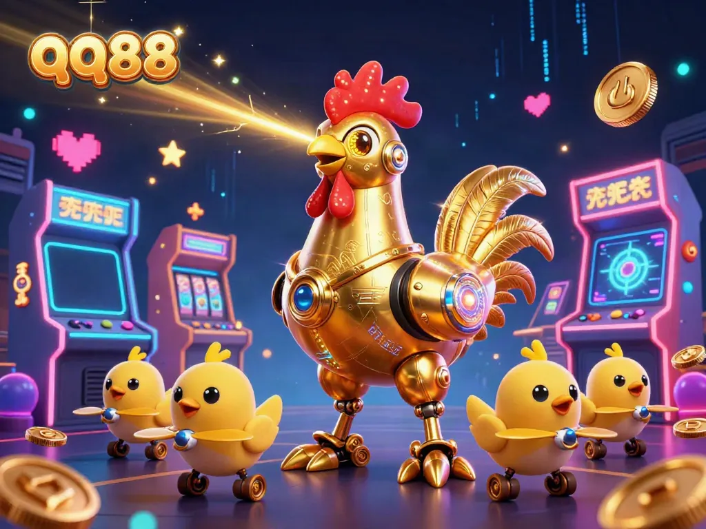 Experience thrilling gameplay at qq88 with a futuristic golden rooster robot and baby chick drones.