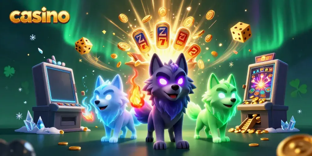 Engage in thrilling casino games with dynamic visuals of animated wolves and slot machines.