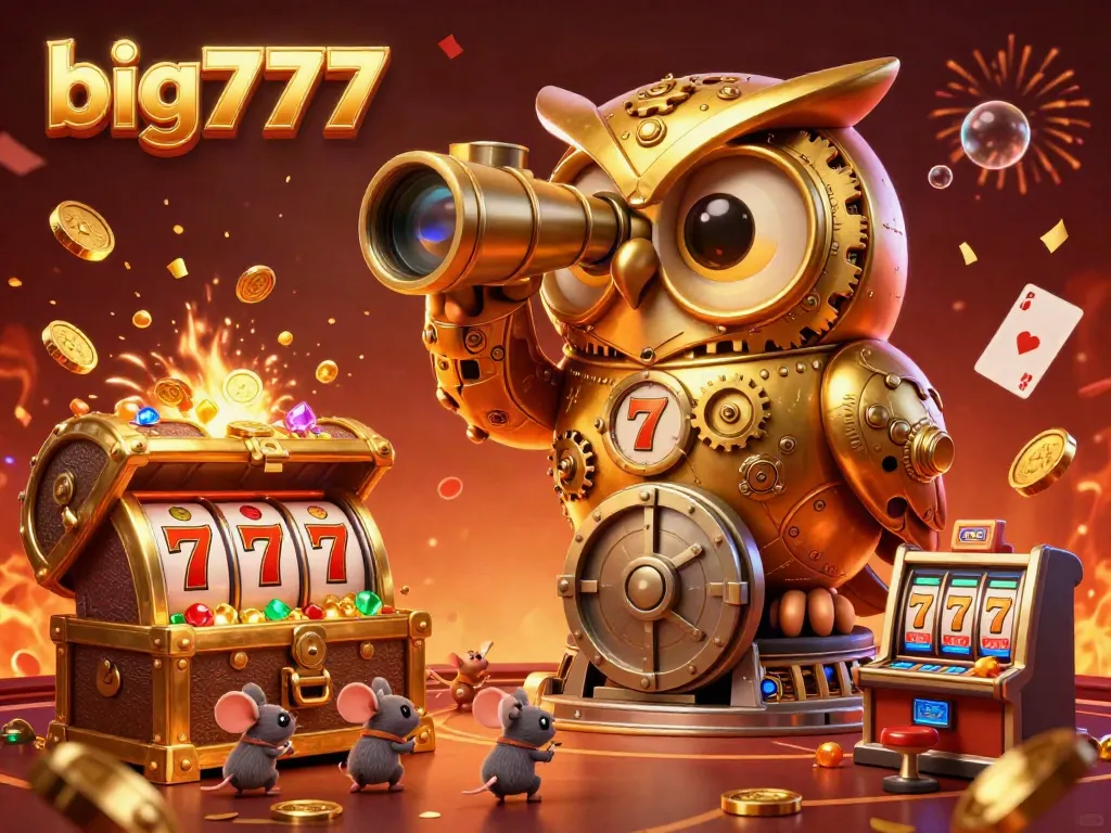 Experience the excitement of big777 as a golden owl surveys a vibrant casino scene filled with slot machines and treasures.