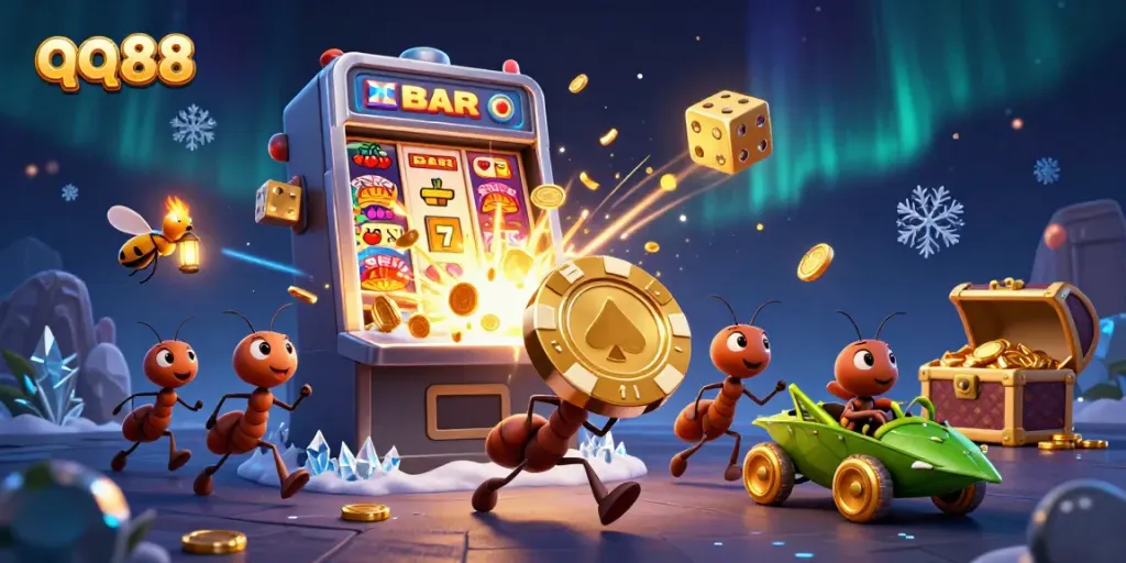 Experience the excitement of qq 88's casino world with ants on a heist carrying golden poker chips.