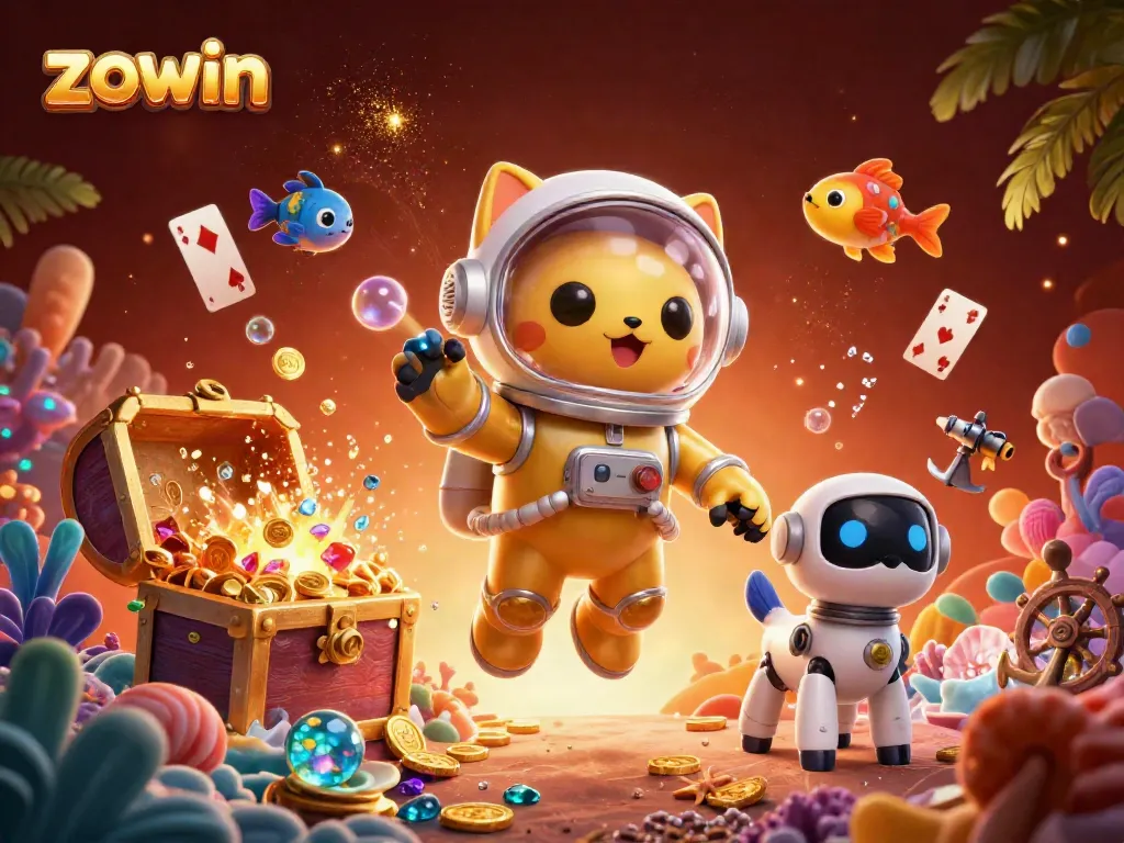 Zowin features an astronaut cat in a golden suit with fish aliens and a robot dog in a vibrant casino-themed nebula.