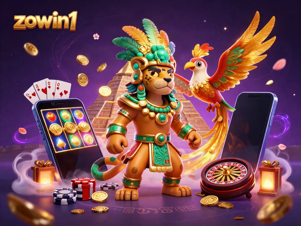 Zowin1's captivating illustration of casino gameplay, featuring dynamic jaguar priest and gaming elements.