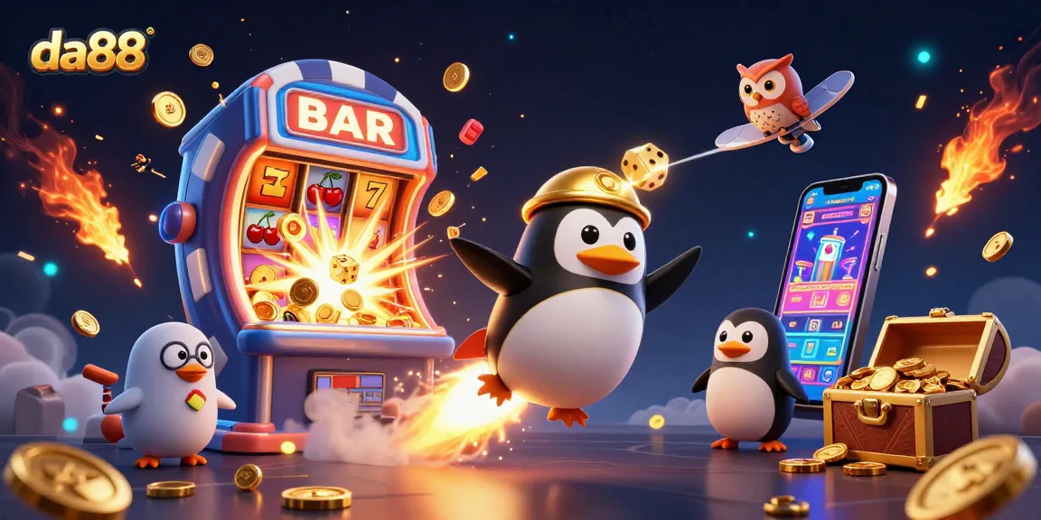 Win big with da88 as a golden penguin blasts through a vibrant 3D casino universe.